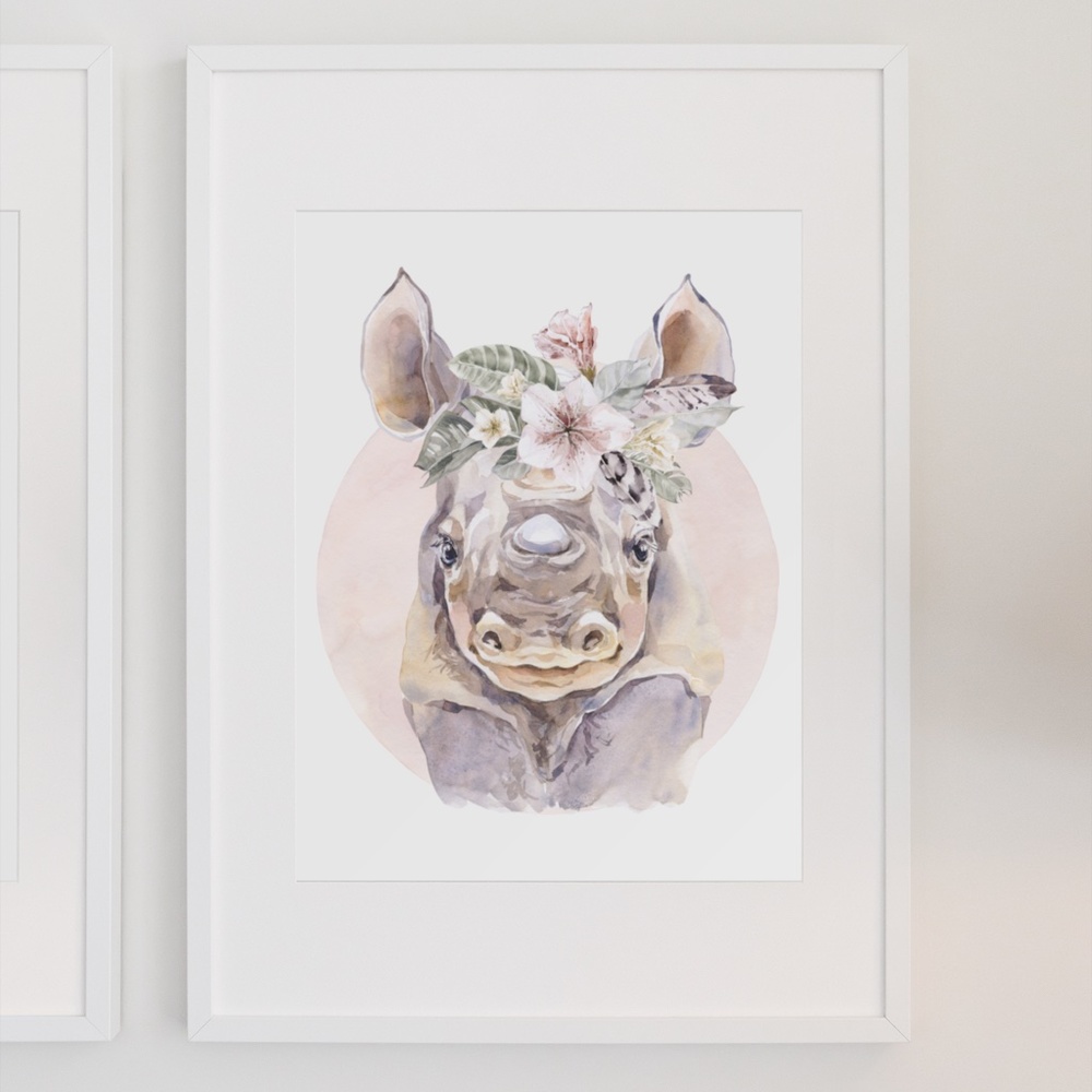 Watercolor Floral Rhino Wall Art Illustration Print Poster Card Unframed - Picture 3 of 8